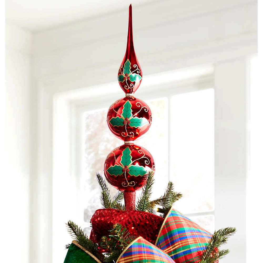 NEIMAN MARCUS Glass Finial Tree Topper 16in Christmas Red Green Holly Berry NEW